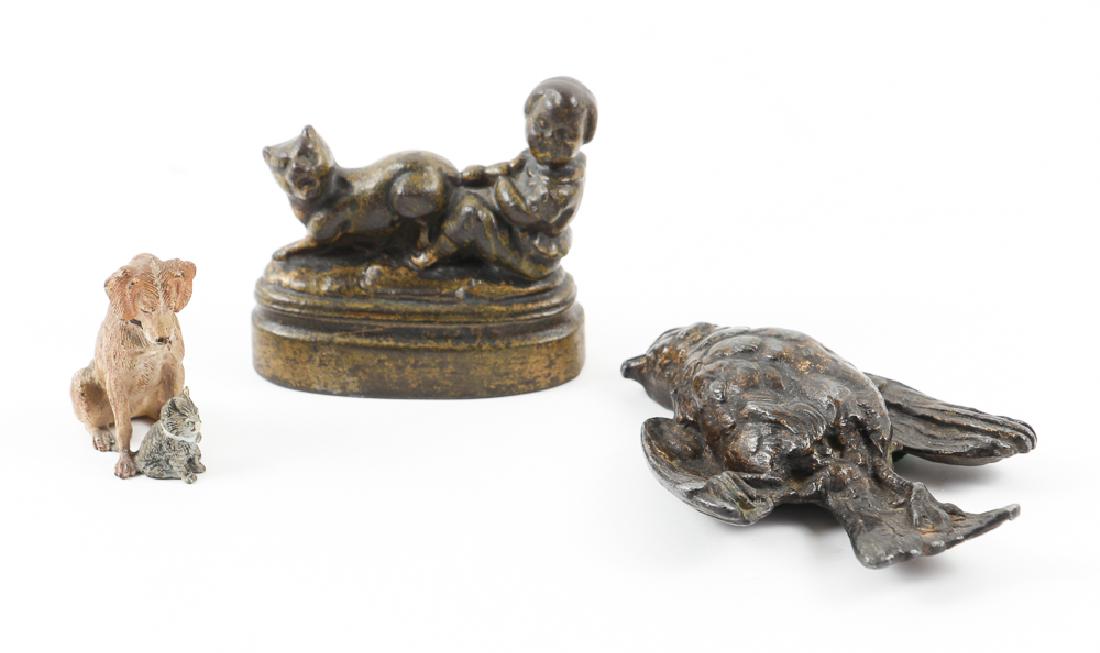 Cast Metal Pieces Including Cold Painted Bronze: European of American, 3 Pieces of Sculptural Cast Metal, Including a: dead bird, child pulling tail, and dog with kitten in cold painted bronze possibly Vienna, circa 19th to 20th century, bird: 5 x 3