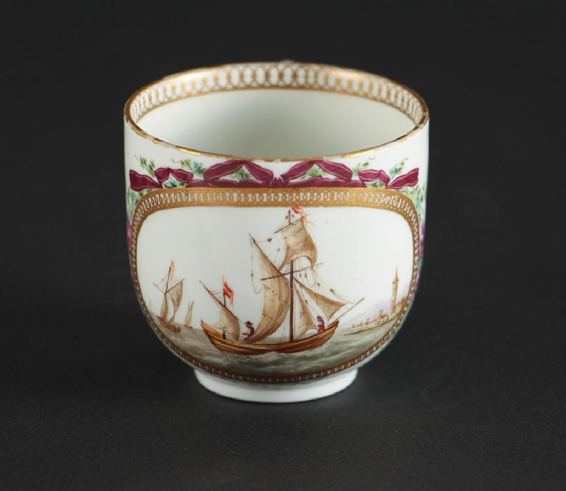 Antique Meissen Cup with Harbor Scene: Antique Meissen cup with hand painted harbor scene, measuring 2.5 inches tall.