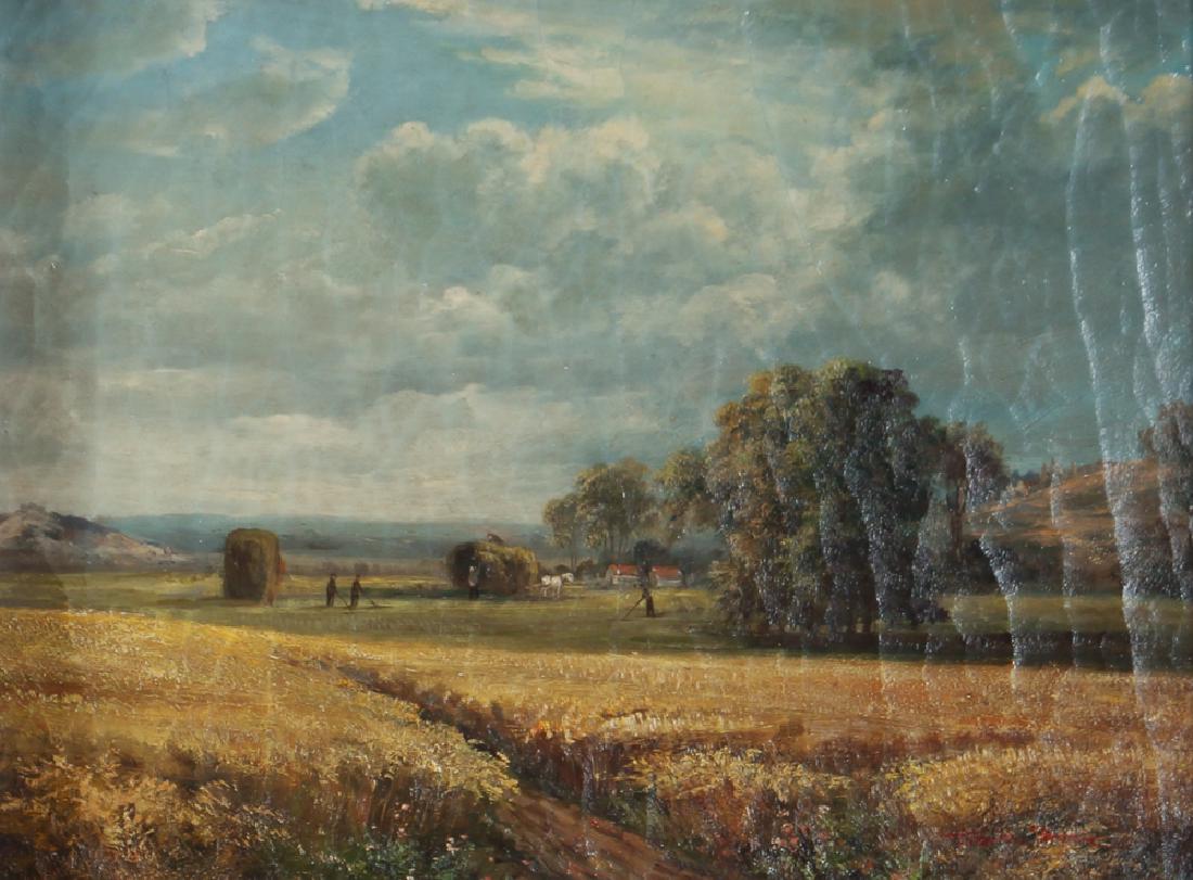 Landscape Painting Showing Haying Scene: Landscape painting showing farmers haying, indistinctly signed on the lower right, acrylic on canvas, measuring 11.5 by 15 inches, in a wood frame measuring 18.5 by 22 inches.