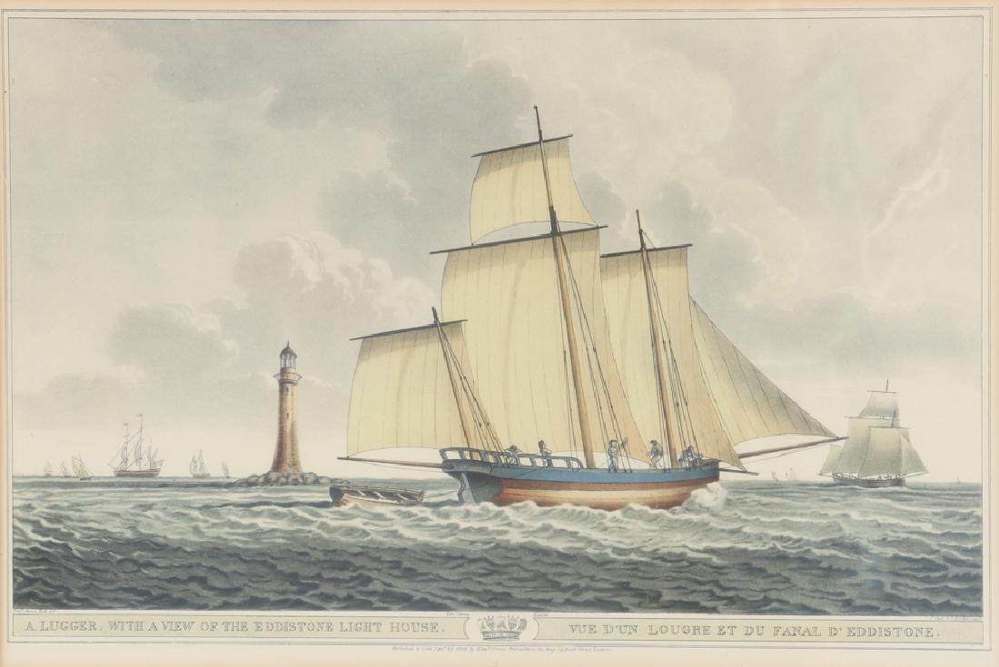 An English Sloop Engraving by Orme: Orme, Edward after (British, 1775-1848) A Lugger with a view of the Eddistome Light House, 20th century copy of the original, measuring 10 by 16 inches in a wood 19 by 24 inches.