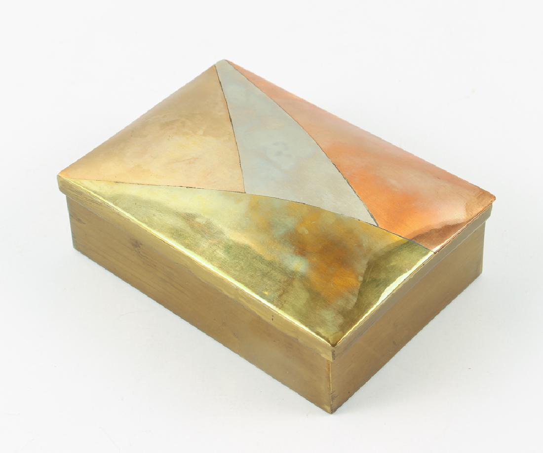 Blanche Mixed Metal Taxco Mexican Box: Box, of mixed metals, in a mid century style, by Blanche, measuring 2 by 6 by 4.5 inches.