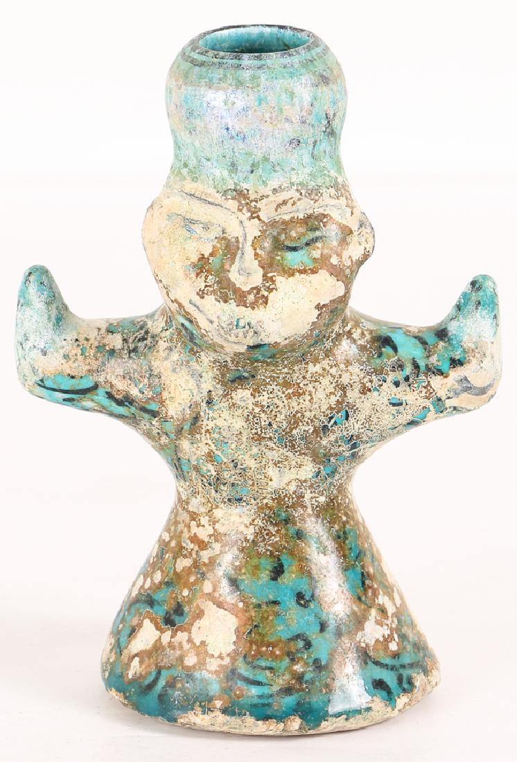 Iranian Sultanabad Ceramic Candle Bearer Figure: Ceramic Candle Bearer with upraised Arms with turquoise sultanabad ceramic glaze decoration, 5.75 inches tall, Provenance: Ruth Frank Collection, prior to 1970