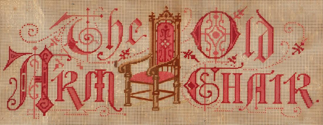 The Old Arm Chair Victorian Needlepoint: The Old Arm Chair, Victorian needlepoint, measuring 8.5 by 21 inches, in a painted plaster frame measuring 9.5 by 22 inches.
