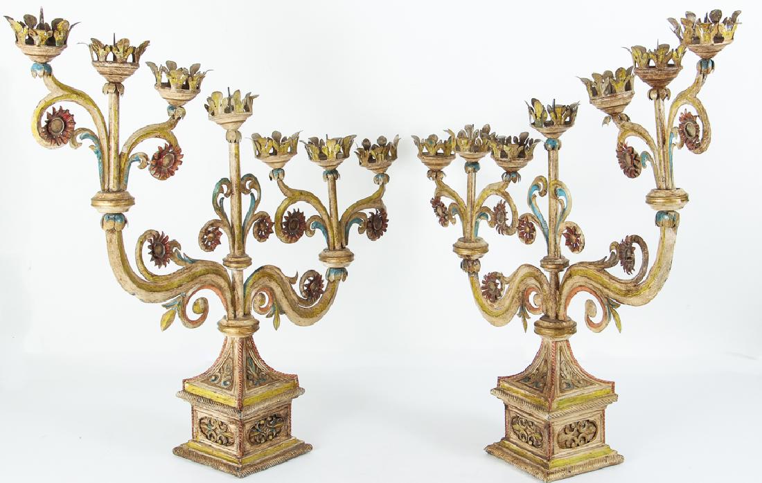Indian Style Tolle Painted Candelabra: Indian Style Tolle Painted 7 light Candelabra, 29 x 30 x 5.5 inches, Provenance: The Collection of Ruth Frank