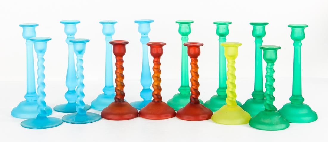 Large Group of Mid Century Camphor Glass Candlesticks (1 of 3)