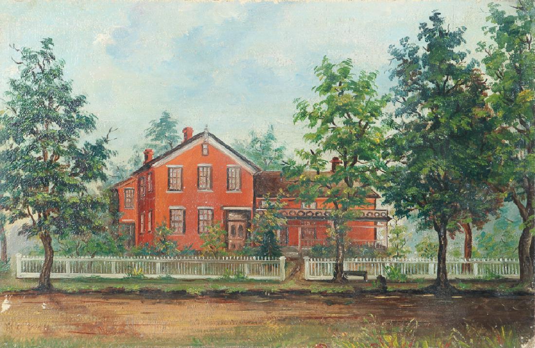 Folk Painting of A Victorian House: Folk painting of a Victorian house, possible Lamoille, Vermont home of Alice M Titus, oil on board, measuring 6.75 by 10.25 inches, unframed.