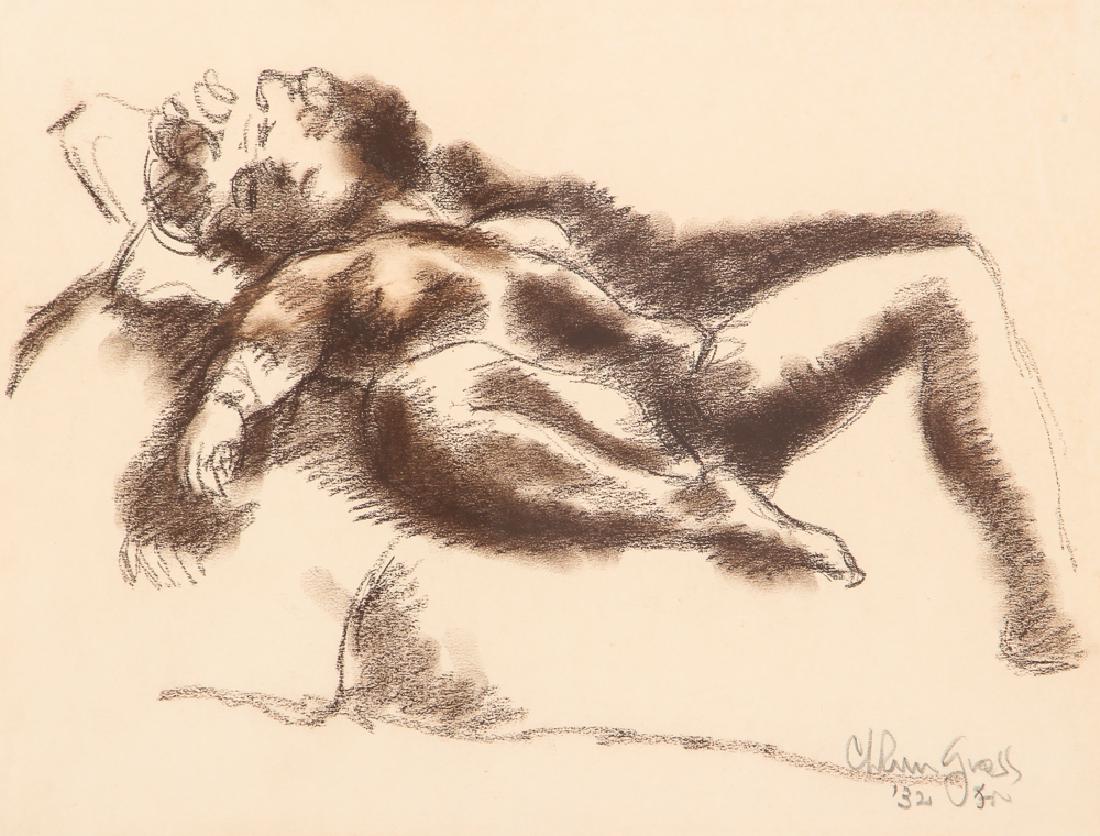 Chaim Gross 1932 drawing Reclining Nude: Gross, Chaim (Austrian/American 1904 - 1991), Reclining Nude, 1932, conte crayon, 11 x 15 inches, signed and dated lower right, Provenance: Edward T. and Tullah Hanley, Bradford, Pa., framed in a gild