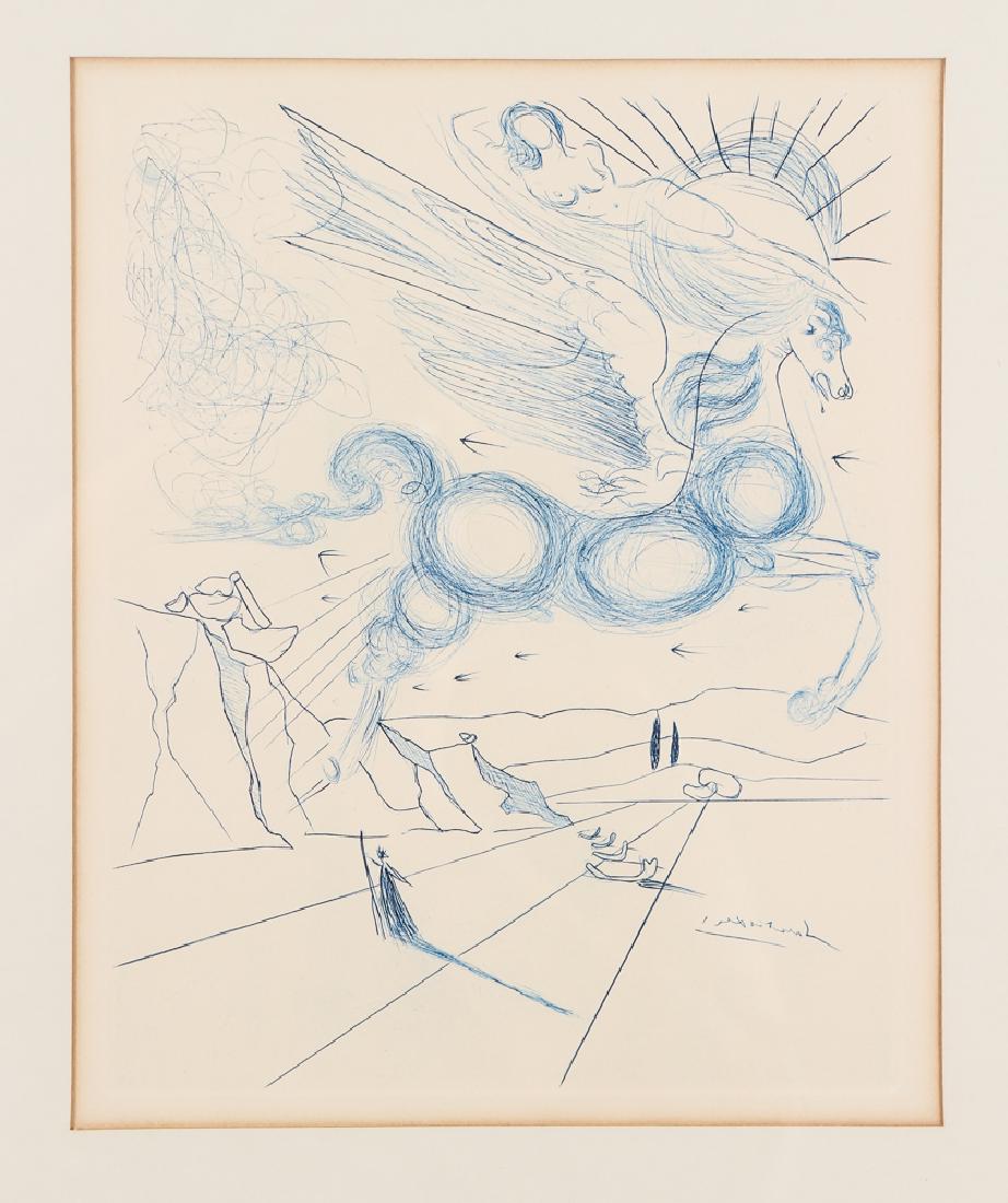 Salvador Dali Pegasus Etching: Dali, Salvador (Spanish, 1904-1989) etching, featuring a pegasus and a nude, measuring 10 by 8 inches, in a silver frame measuring 18 by 15 inches.