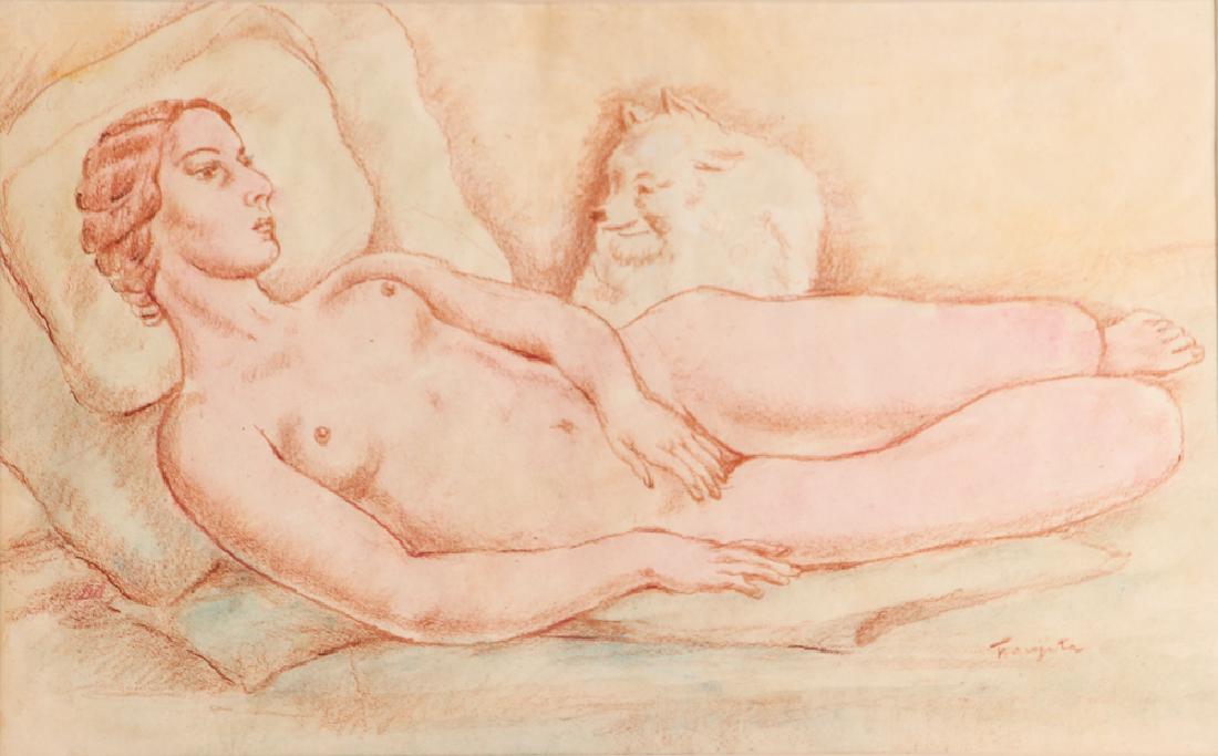 20th Century Modern Reclining Nude with Dog: Foujita, After Leonard Tsuguharu (Japanese/French 1886 - 1968), Reclining Nude with Akita Dog, mid 20th Century, 9.25 x 15 inches, bears signature Foujita lower right,