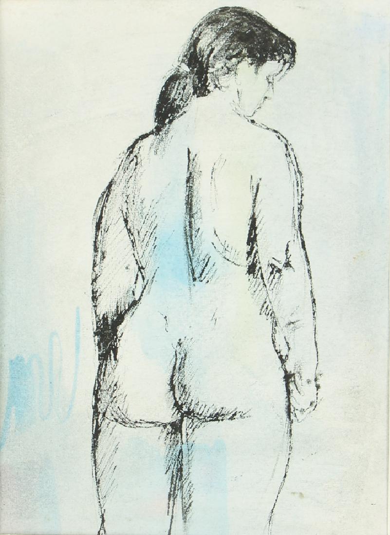 August Mosca Female Nude Print with Hand Coloring: Mosca, August (Italian/American, 1909 - 2002), Untitled, Female Nude from Behind, circa 1970, lithograph with hand-colored additions on paper, signed lower right, sheet: 12 x 10, overall: 18 x 12 inch