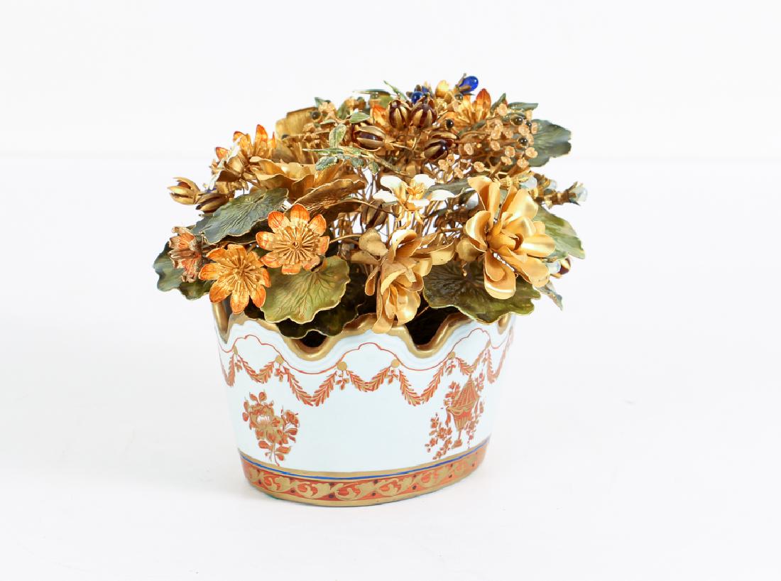 Jane Hutchinson for Gorham Metal Flower Arrangement: Jane Hutchinson for Gorham, metal flower arrangement in a porcelain bowl, 6 by 8 by 7 inches.