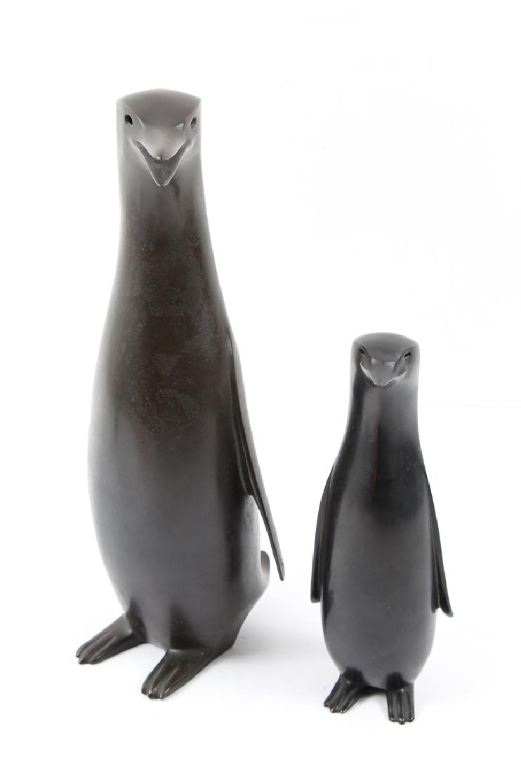 Japanese bronze Penguin Mom and Child: Late Meiji Period, Penguin Mom and Child, bronze with ebony patina, 14.25 inches tall and shorter, both with Japanese stamps on the reverse, Provenance: Helen Porter Collection; Garth's Auction House