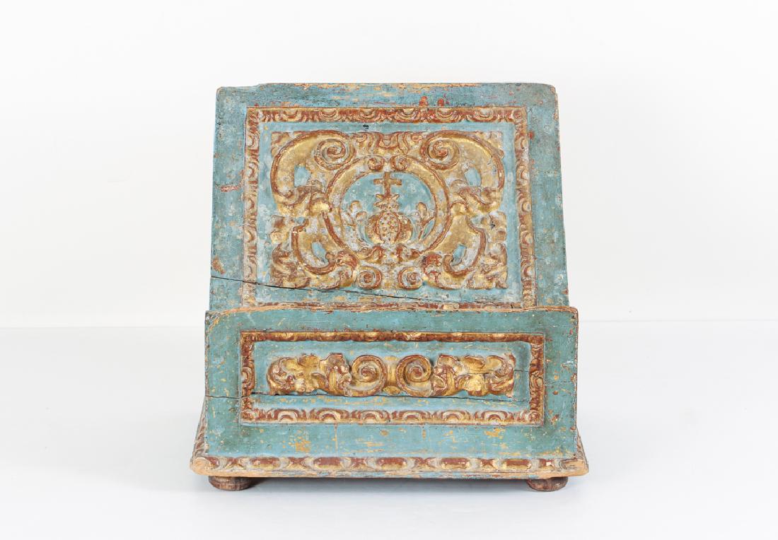 Rococo Bookstand with period gilding and finish: Rococo Bookstand with scrolling relief gilded and period polychrome finish, likely 19th Century, 13.5 x 14.25 x 11 inches, Provenance: Ruth Frank Collection