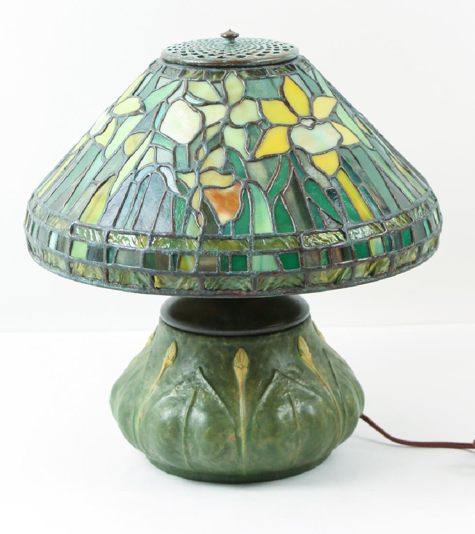 Century Studios Daffodil Leaded Glass Lamp: Century Studios Daffodil Leaded Glass Lamp (Shade # 0724), 14 inch shade and 15.5 inches tall, with Pottery Flower Bud Lamp Base, signed, Provenance: Century Studios, (Century Studios creates fine lig
