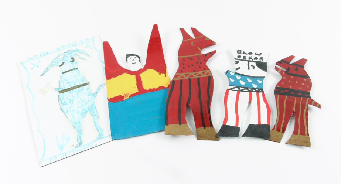 5 R. A. Miller painted metal creatures, Blow Oscar: Miller, R. A. (American Outsider Artist, Gainesville, Georgia, 1912-2006), 2 Red Devils, Angel, Blow Oscar, and Lord Loves You, painted metal cutout figures , 9 inches tall and smaller, each signed,