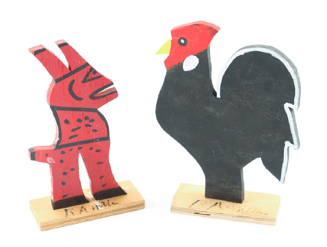 2 R. A. Miller painted wood creatures, Rooster and Red: Miller, R. A. (American Outsider Artist, Gainesville, Georgia, 1912-2006), Rooster and Red Devil, painted plywood creatures, 9 inches tall and shorter, each signed on the base,