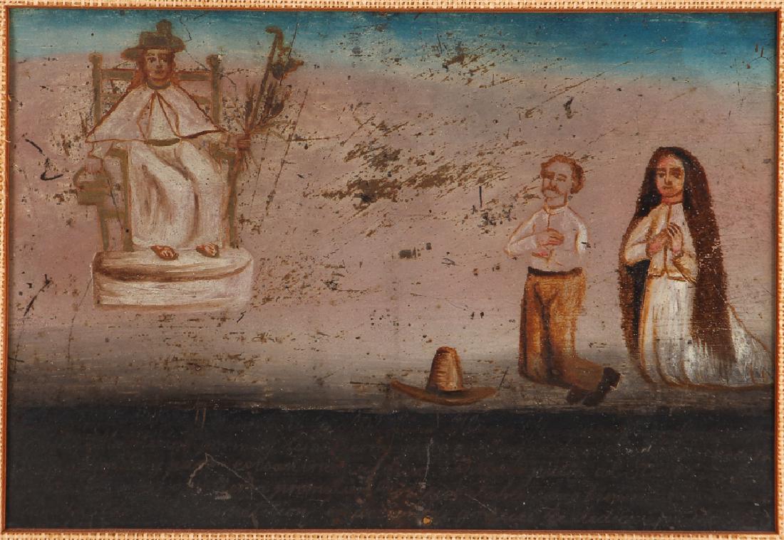 Mexican retablos painting of Christ Enthroned: Mexican Folk School Retablos Painting, Mexican Peasants praying to Enthroned Christ Figure, oil on metal sheet, 4.5 x 6.75 inches, Provenance: The Estate of Garth Massingill, framed measuring 11 x 13.