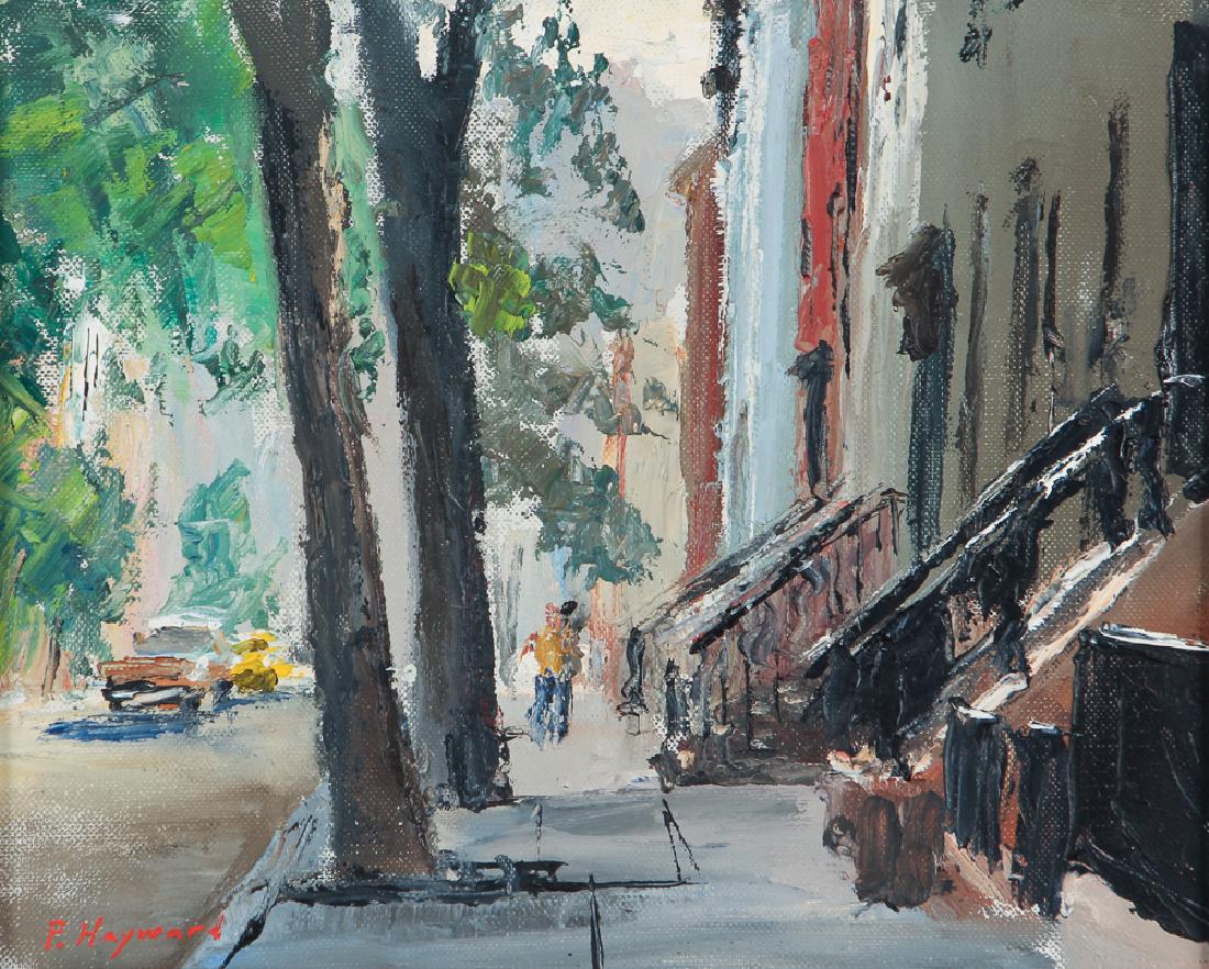 Peter Hayward Eleventh Street NYC painting: Hayward, Peter (American, 1905-1993), Eleventh Street, New York City, acrylic on canvas, 8 x 10 inches, signed lower left, Provenance: Grand Central Art Galleries, NY; Estate of Mercedes Shoemaker
