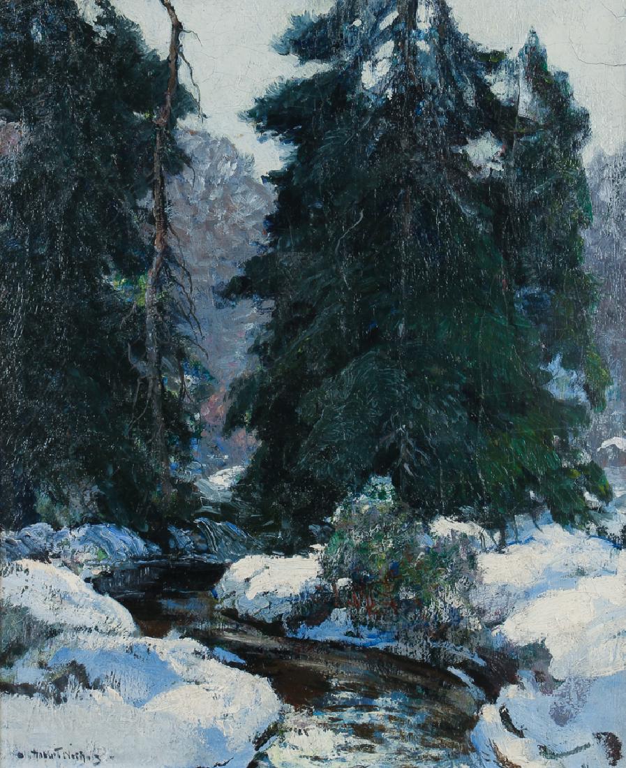 Henry Hobart Nicholas painting Winter Landscape: Nicholas, Henry Hobart (American, 1869-1962), oil on canvas, relined, 22 x 18 inches, signed lower left H Hobart Nichols, framed in a molded gold leaf Newcomb Macklin frame, Provenance: William Doyle