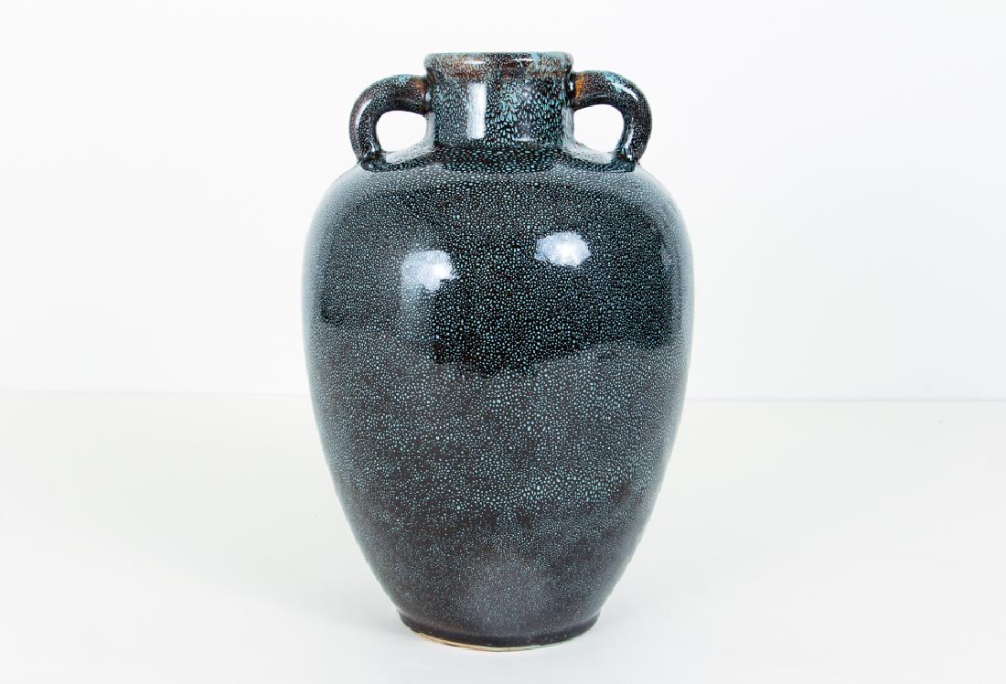 Studio Art Pottery Vase Amphora: Studio Art Amphora Vase, Turquoise Specked Black over Bronze, circa mid - late 20th century, illegible makers mark to underside, 12.5 x 8 x 8 inches