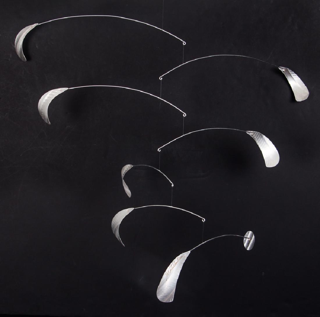 Brushed Aluminum Mobile, 2000: Brushed Aluminum Mobile in the style of Calder, 2000, signed indistinctly and dated on the lowest paddle, 30 x 26 inches variable, Provenance: The Estate of Garth Massingill,