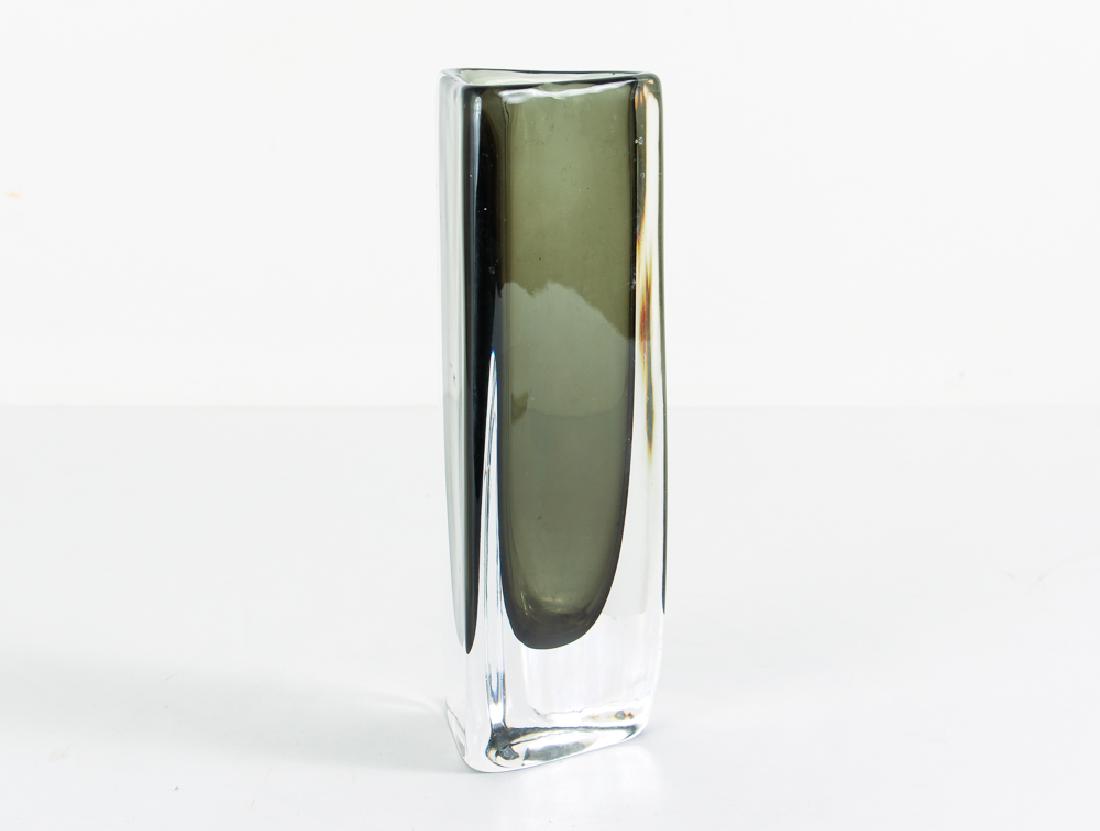 Nils Landberg for Orrefors "Dusk" Series Sommerso: Landberg, Nils for Orrefors "Dusk" Series Sommerso Triangular Vase. Tall Triangular cased glass vase in hues of smoky gray. Landberg (Finish 1925-85) was active at Orrefors glass mill 1925-1972. Signe
