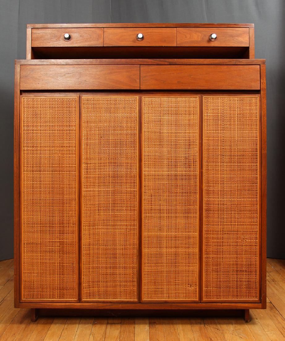 Paul McCobb for Sacks and Sons Chest: McCobb, Paul for H. Sacks and Sons chest of drawers, walnut with aluminum pulls and rattan front, measuring 50 by 40 by 19 inches.
