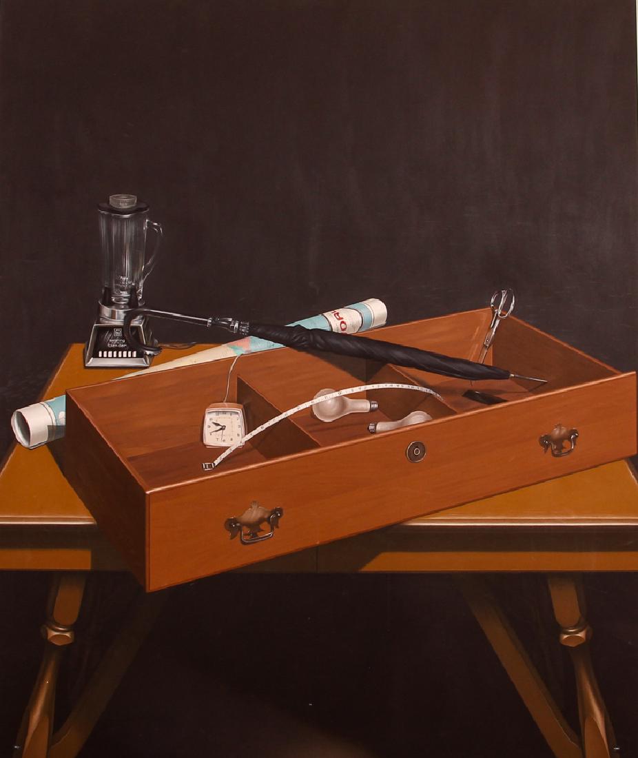 Large Naoto Nakagawa Open Drawer, 1973 hyper realist: Nakagawa, Naoto (Japanese-American, b. 1944) Open Drawer, 1/17/73, acrylic on canvas, 70 x 58 inches, signed, titled and dated on canvas reverse, OK Harris label on reverse, silver metal strip frame.