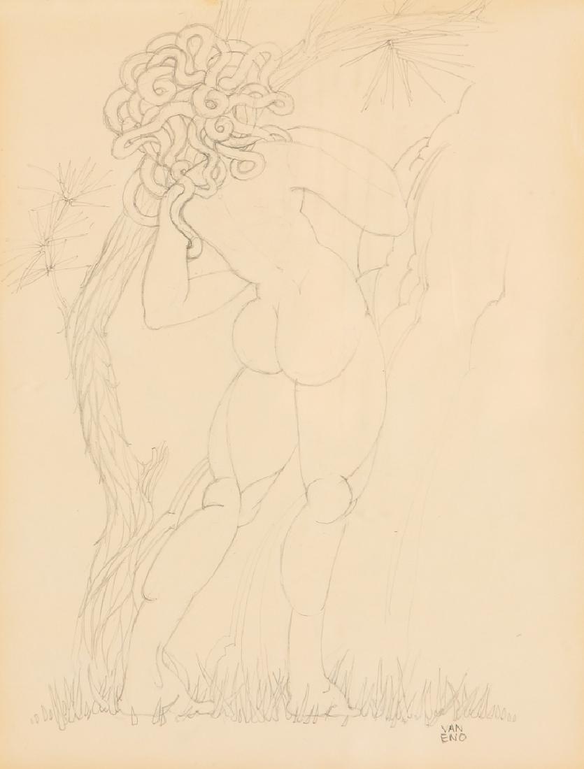 2 Male Nude Figural Drawings, one by Van Eno: Van Eno (American 1947 - 1986), Male Nude with Medusa Like Hair, pencil drawing , 11 x 7.5 inches, signed Van Eno lower right with Unidentified Artist, Reclining Nude, ink on toned paper, 5.5 x 8 inch