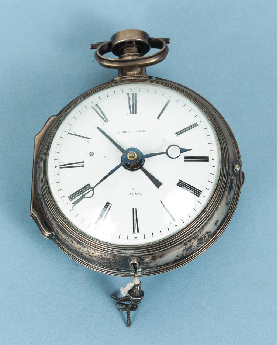Large Vienna Pocket Watch by Joseph Riedl: Large pocket watch with complications, dial marked Joseph Riedl and the movement marked Francis Joseph, in a silver or silver colored case, measuring 3.5 inches across. Estate of Garth Massingill, Pit