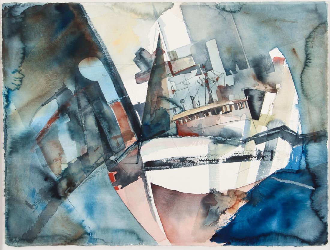 Watercolor of a Ship: Watercolor of a ship, indistinctly signed on the lower left, measuring 24 by 30 in a metal frame measuring 32 by 39 inches.