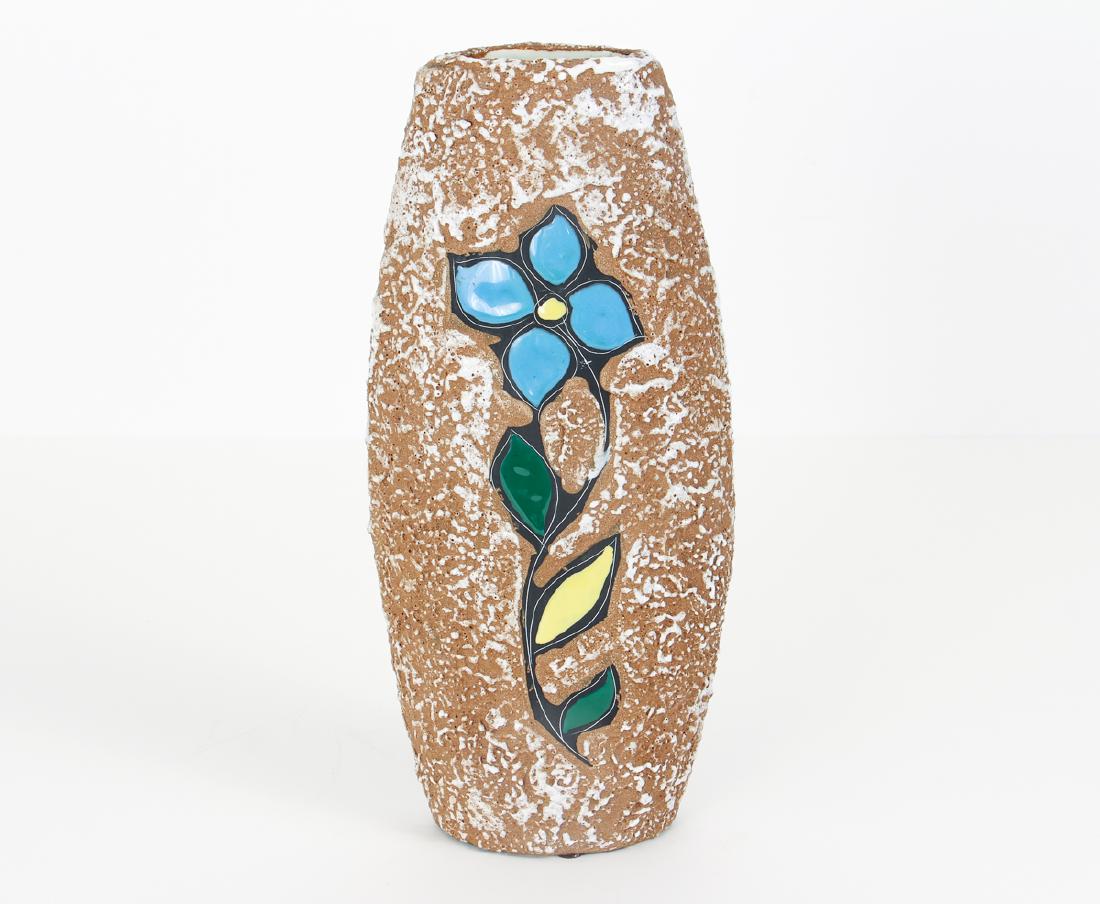 Ceramica Artistica Giarre Modernist Figural Vase: Ceramica Artistica Giarre, decorated with a reserve of a young girl and a Flower on the reverse side both in a modernist style reminiscent of Gambone or Raymor, with a rusticated surface, 13 inches ta