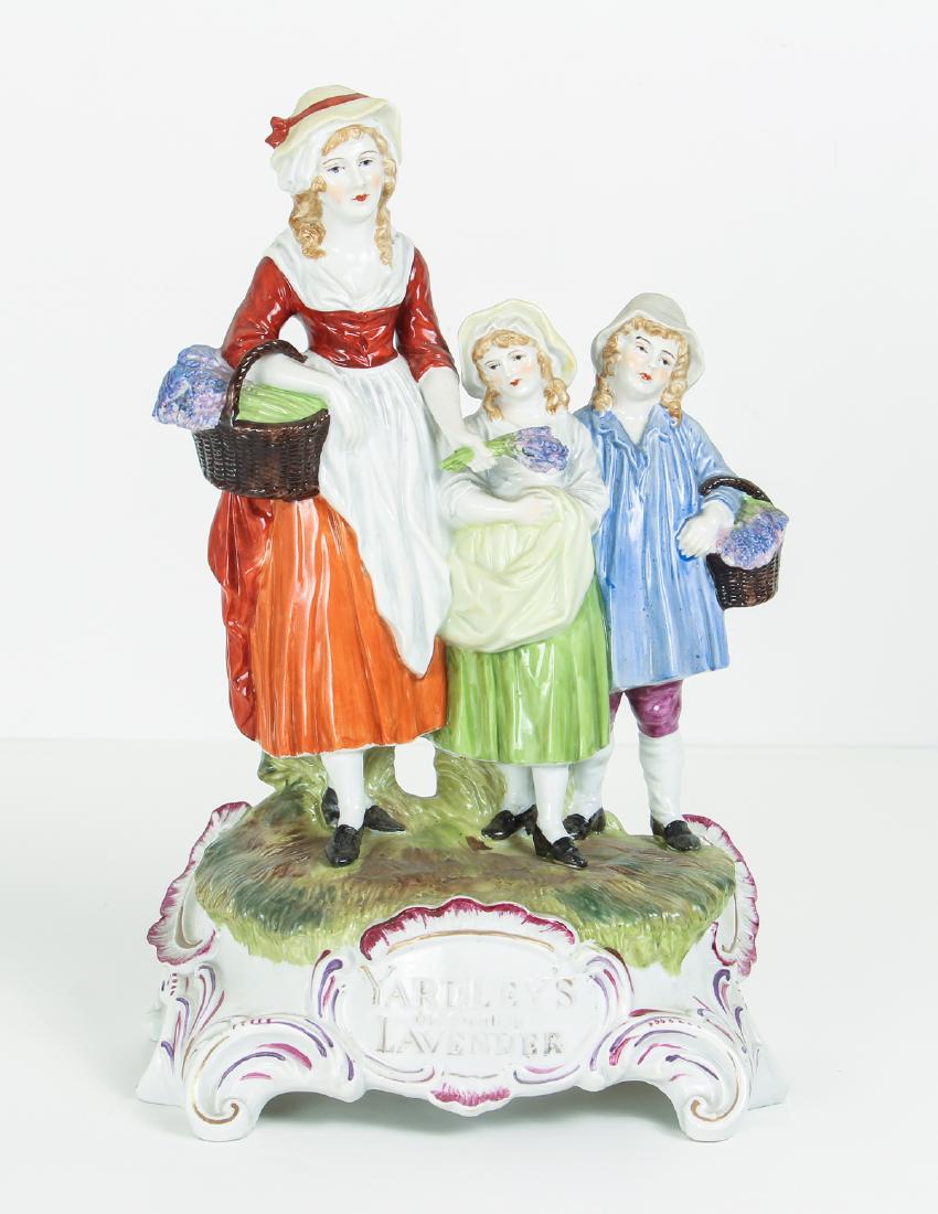 DRESDEN Porcelain Figurine Advertising Yardley's Old: Dresden Saxony Popscheppel Pottery Works, 12.5 inches tall,