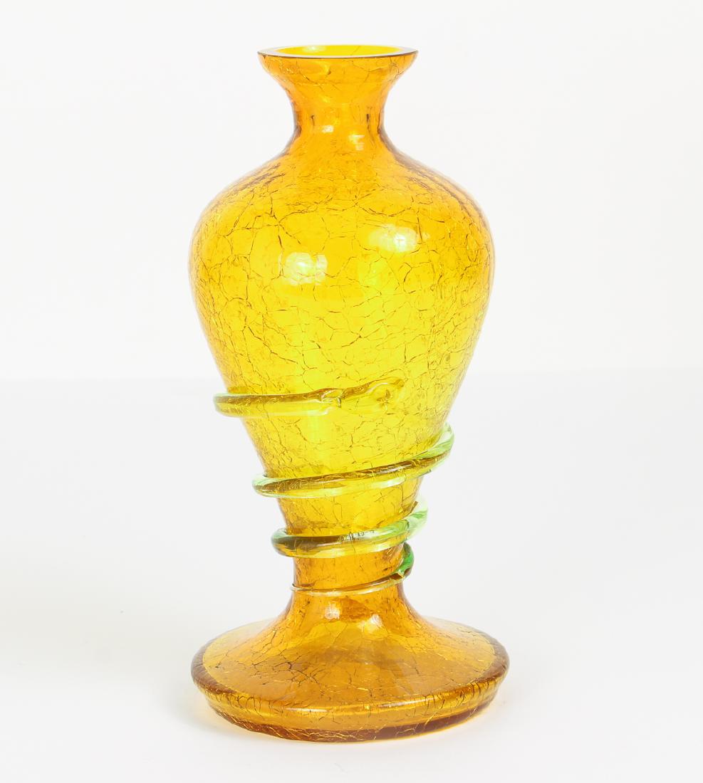 Czech Crackle Glass Vase with Serpent: Czech crackle glass vase, with serpent constricting the baluster form, all in yellow glass, measuring 9.25 inches.
