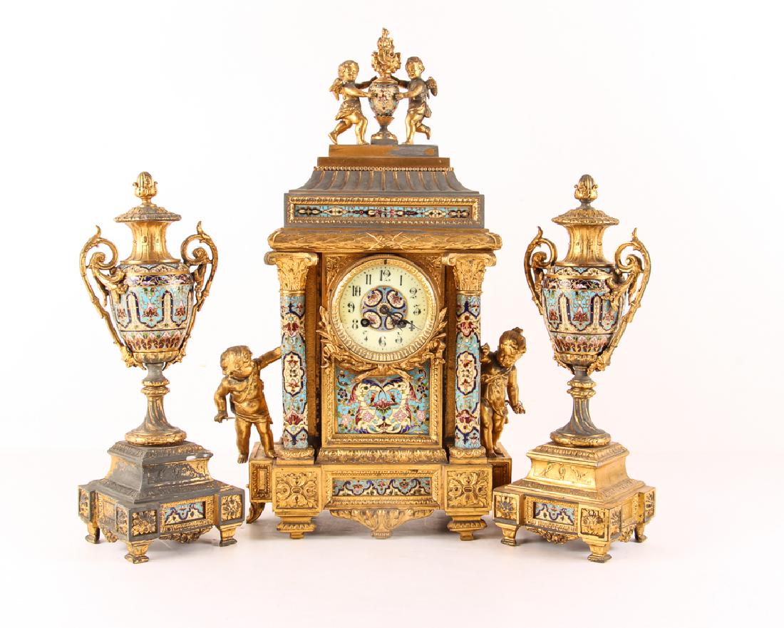 Gilt and Enamel Three Piece Clock and Garniture (1 of 11)