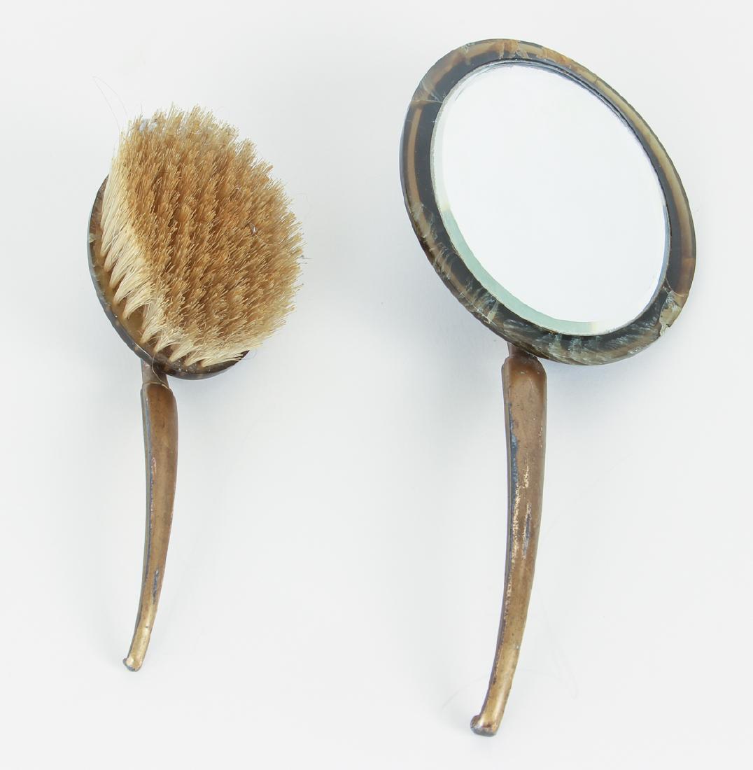 Catalin Brush and Mirror Set: Catalin or Bakelite faux marble Brush and Mirror Set, brush 9 inches long, mirror 12.5 inches
