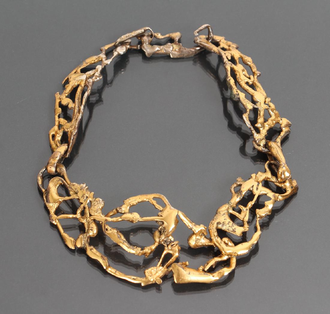 Mary Kellar Auld Gilt Metal Brutalist Necklace: Auld, Mary Kellar (Pittsburgh, American, 20th century) gilt metal necklace, probably sterling silver, designed by Auld who taught at Carnegie Tech, 12 inches.
