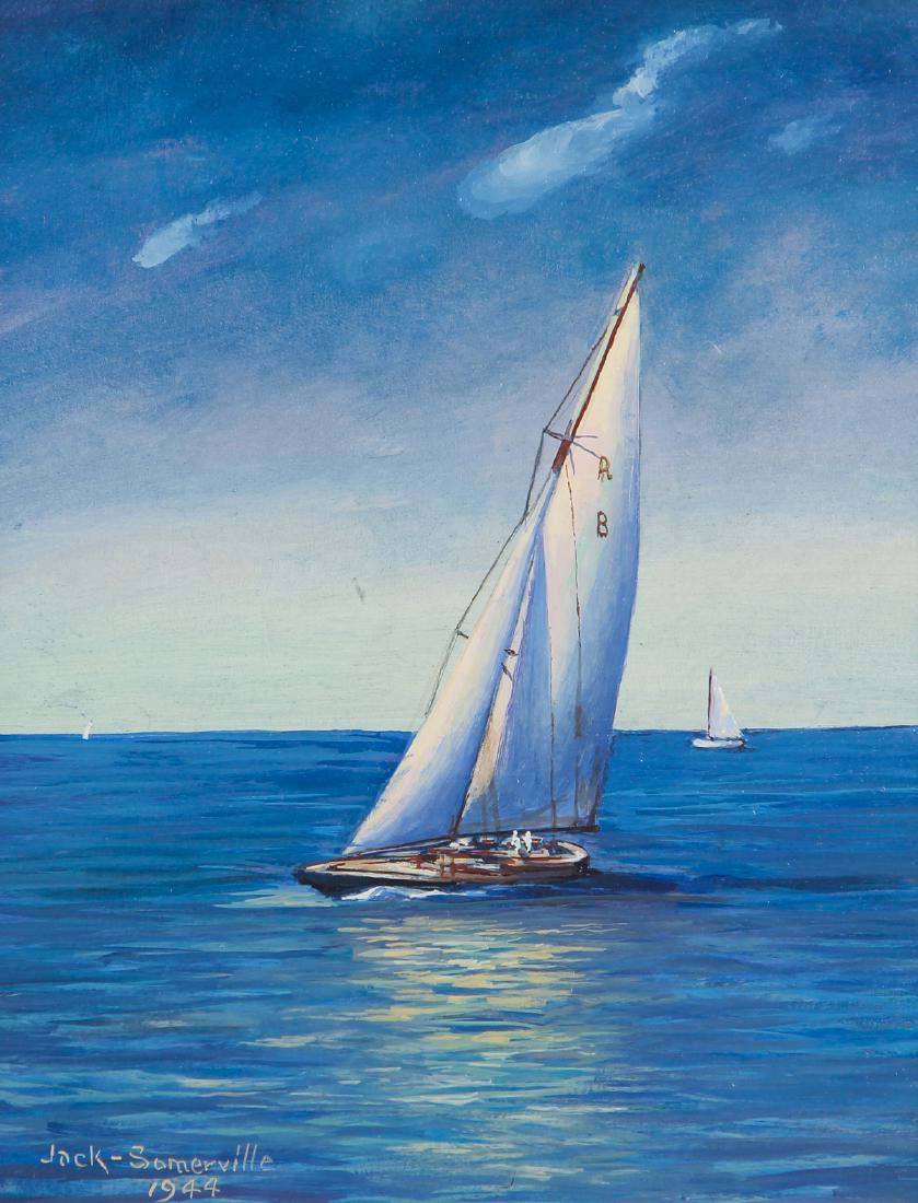 Jack Somerville oil Sailing Boats: Somerville, Jack (20th Century American), Sailing on a Nice Day, oil on board, 14 x 11 inches, signed and dated lower left, framed in a white washed cove style frame measuring 19 x 15.5 inches