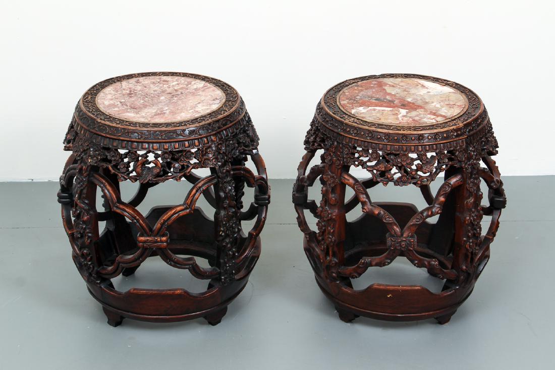 Chinese carved hardwood garden stools, Pair (1 of 12)