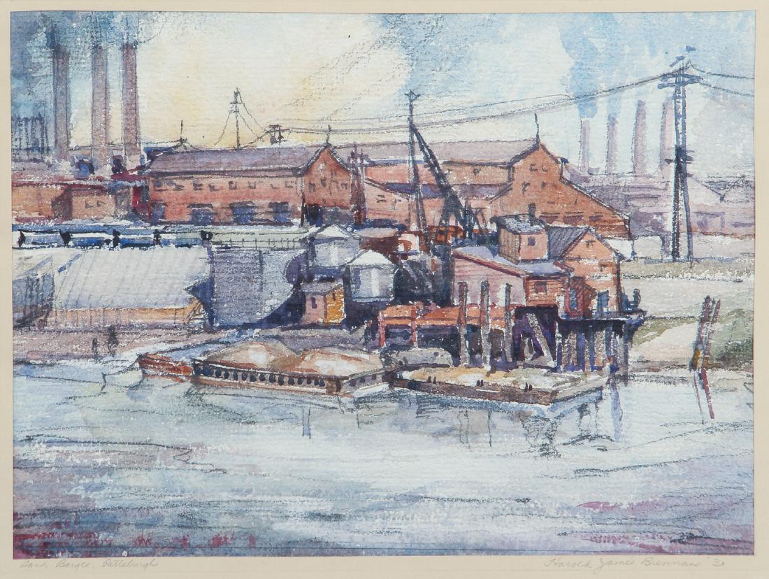 Harold James Brennan 1930 watercolor Sand Barges, (1 of 7)