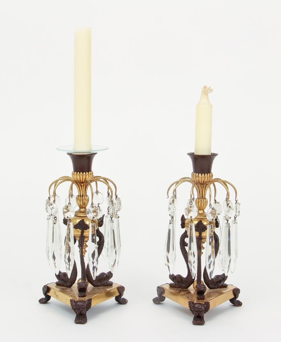 Pair of Bronze , Brass and hanging lustre candlesticks (1 of 5)