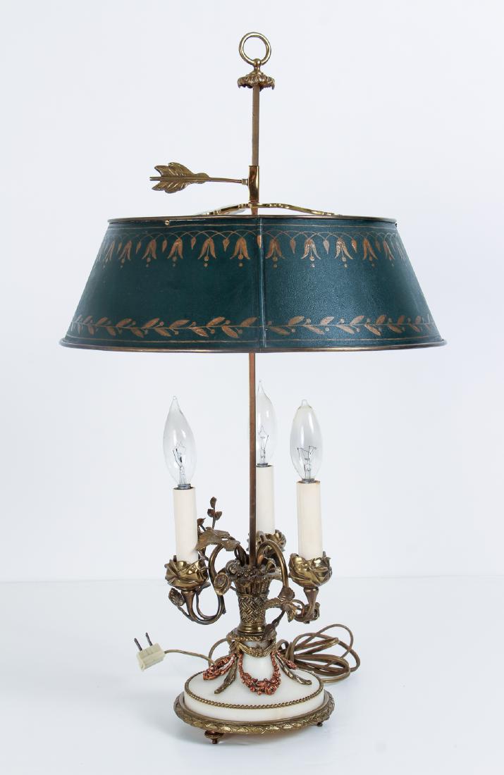 Three Light Bouilette Lamp: Three light bouilette lamp, stone with metal mounts, measuring 27 inches overall.