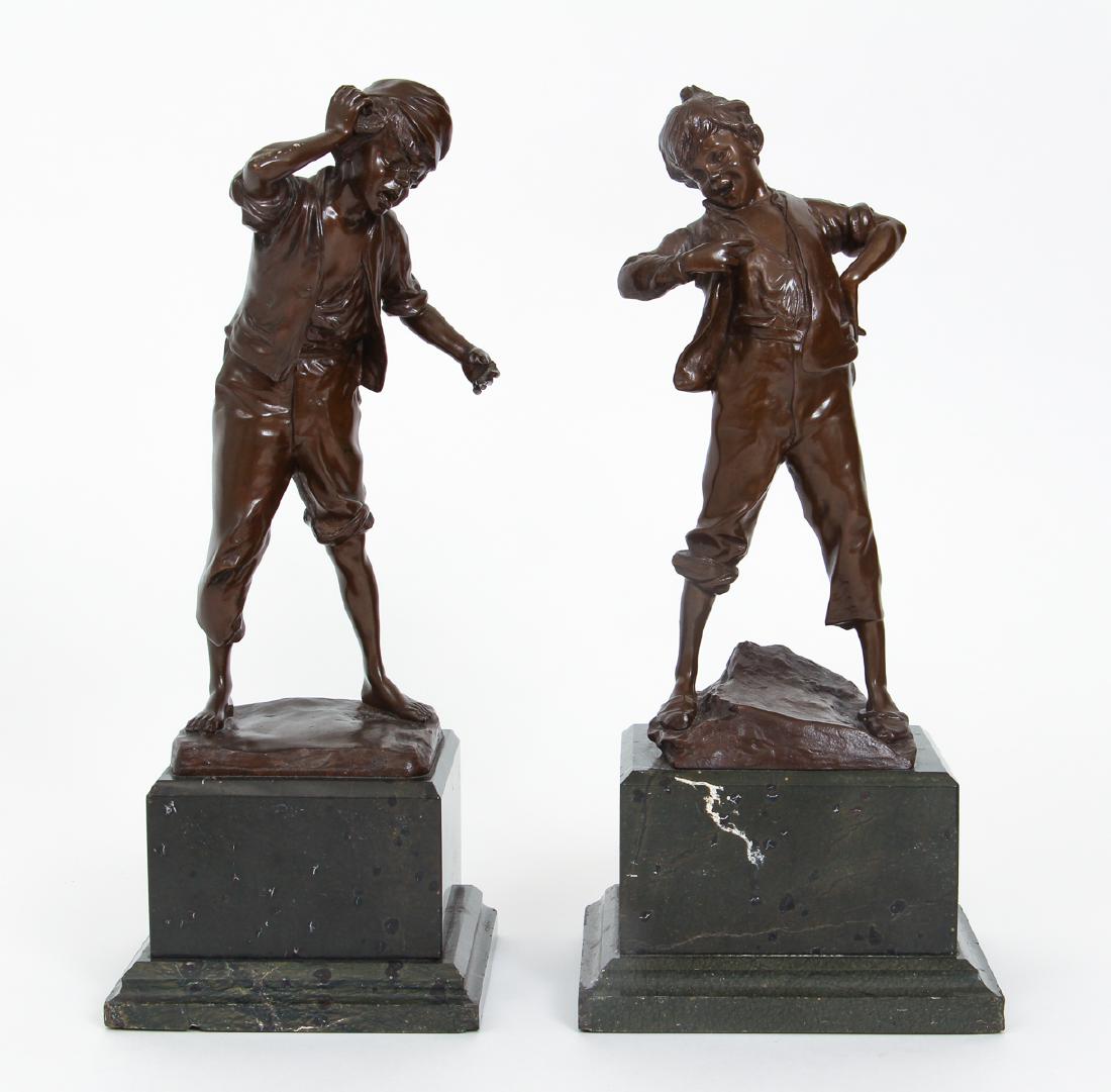 2 Paul Ludwig Kowalczewski bronzes Boy Street Urchins: Kowalczewski, Paul Ludwig (German 1865 - 1910), 2 Street Urchin Sculptures, bronze on marble base, 12 inches tall and slightly smaller, both signed P. L. Kowalczewski, Provenance: The Estate of Hannah