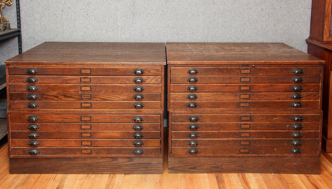 Pair of Antique Oak Ten Drawer Print File Cabinets (1 of 8)