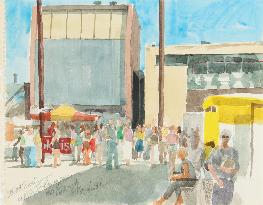 Robert Bowden Shadyside Arts Festival Watercolor: Bowden, Robert (Pittsburgh/American, b. 1932) Filbert Street, Shadyside Arts Festival, 1985, watercolor, titled, signed, dated in pencil on the lower left, showing the noted restaurant and nightclub, 