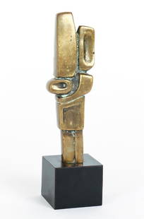 Domenico Calabrone Modernist Bronze Sculpture: Calabrone, Domenico (Brazilian, 1928-2000) modernist bronze sculpture on a wood base, measuring 9 by 2.5 inches. Provenance: Collection of Dr. and Mrs. Howard Tanning, Pittsburgh, PA.