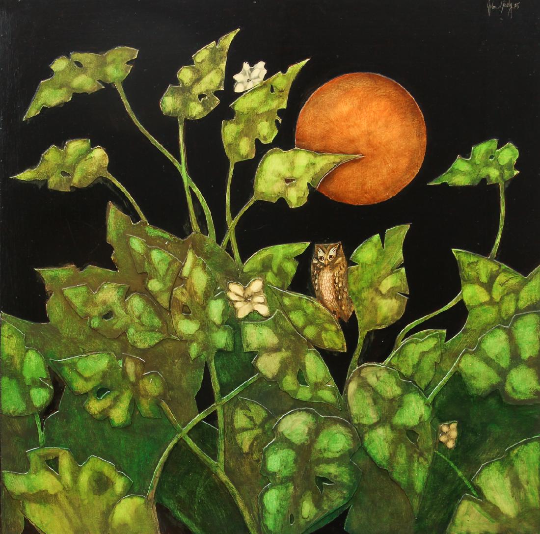 John Kiraly 1975 oil and collage Key West Nocturne: Kiraly, John (American, born 1943), Bird in Key West Night, 1975, acrylic and collage on board, 33,5 x 33.5 inches, signed and dated upper right corner,