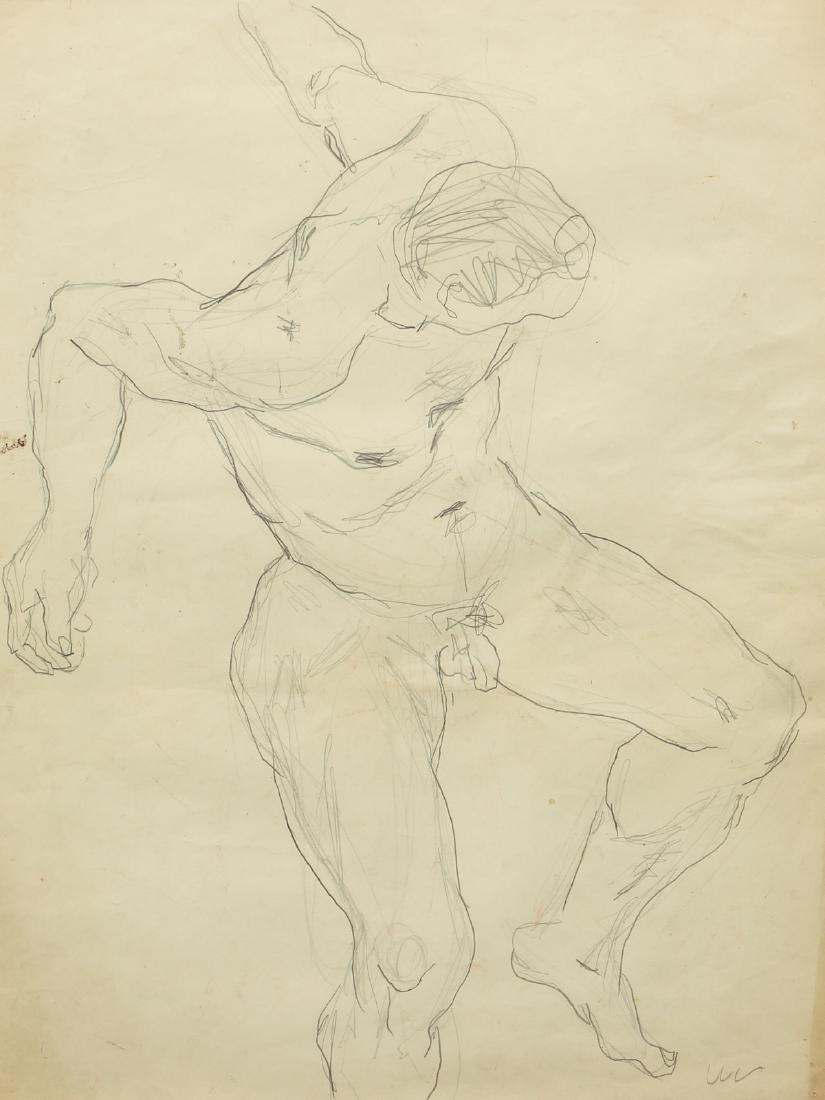 Uli Nimptsch RA Reclining Male Nude drawing: Nimptsch, Uli (Julius) (British, b. Germany, 1897-1977), Reclining Male Nude #2, c. 1950s, graphite on paper, 22.5 x 16.5 inches, signed UN lower right, stamped in blue ink by Artist's Estate on rever