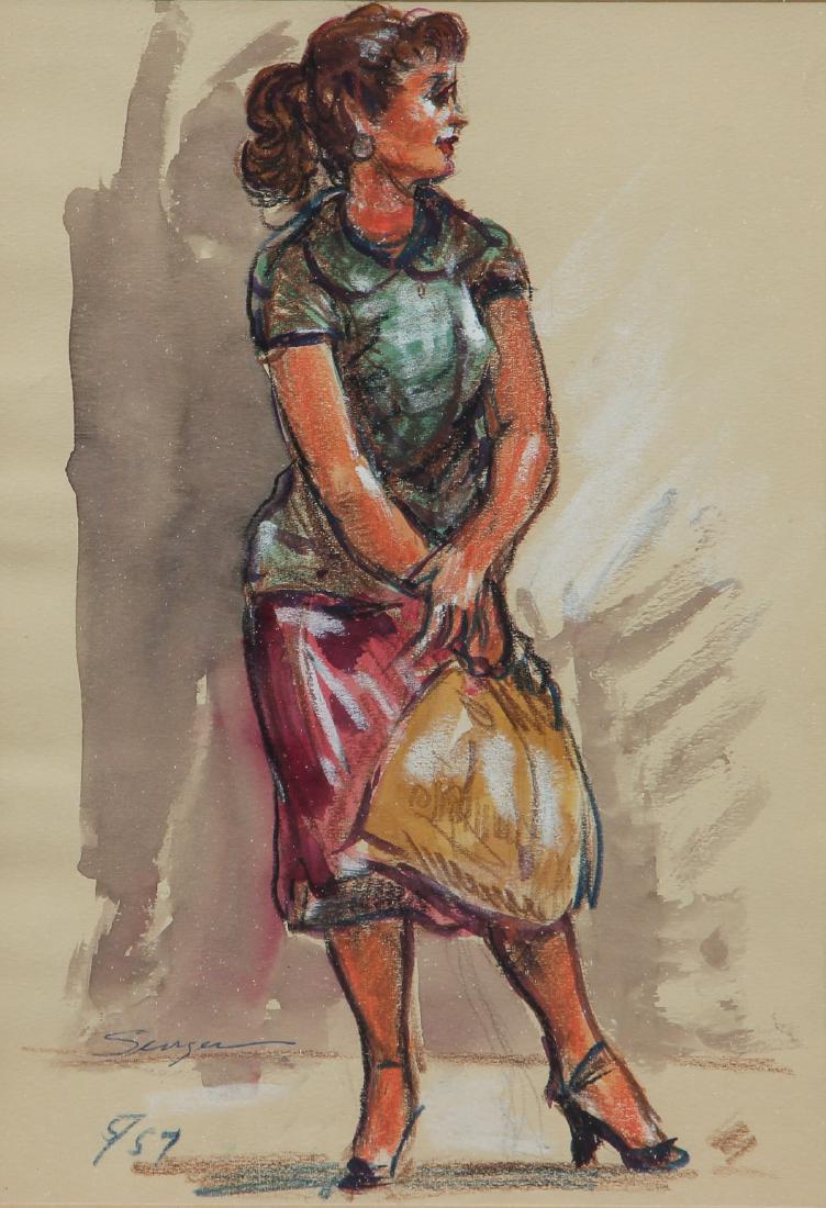 Clyde Singer 1957 mixed media watercolor Woman with (1 of 5)