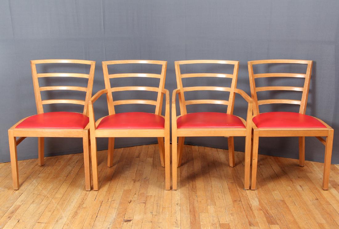 Eight Knoll De Armas Chairs: Eight Knoll chairs, designed by Raul de Armas, comprised of a pair of armchairs and six side chairs, each with a concave back with parallel slats, upholstered slip seat and raised on tapering square l